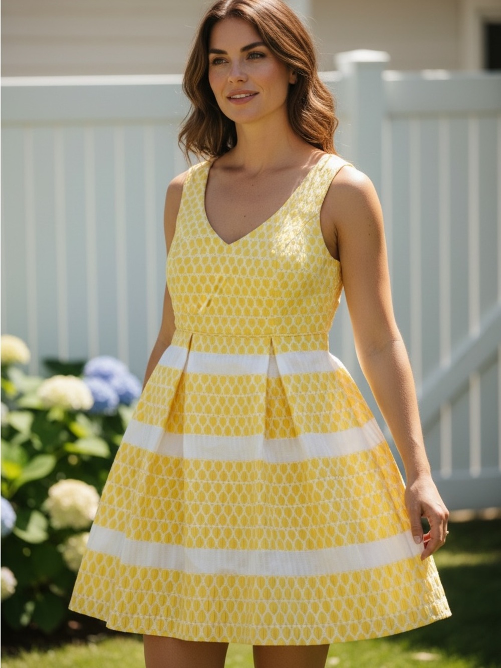 Yellow White Geometric Fit & Flare Dress V-Neck Sleeveless Pockets Short Size 4P